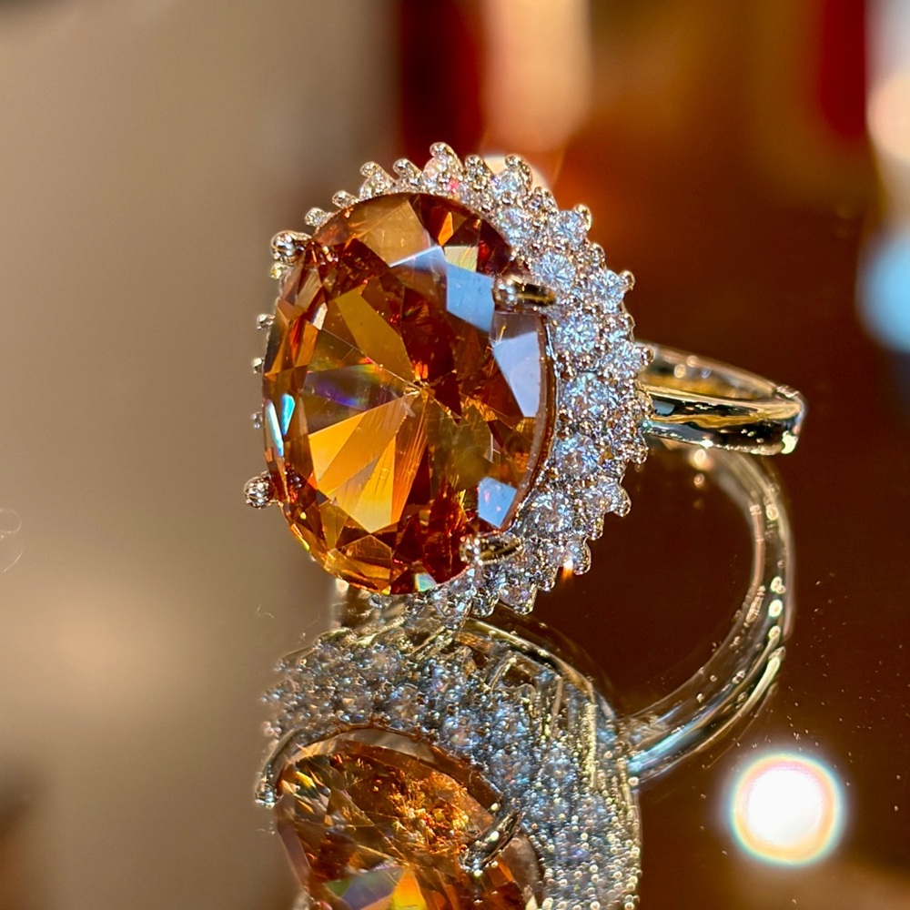New Oval Orange Halo Ring - Simulated Citrin Cocktail eternal Ring in 7